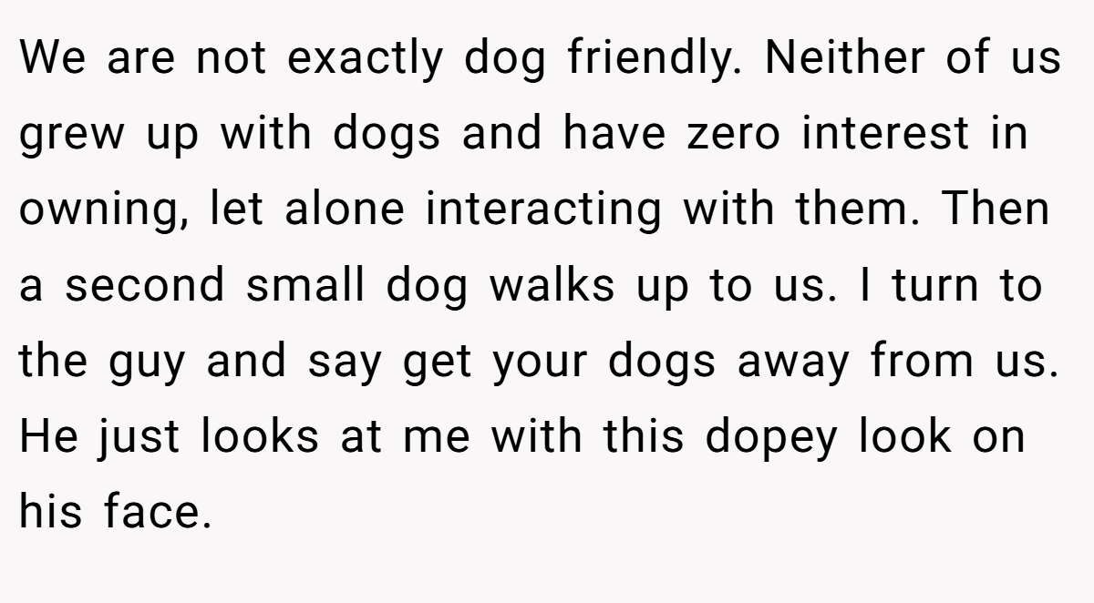 We are not exactly dog friendly. Neither of us grew up with dogs and have zero interest in owning, let alone interacting with them. Then a second small dog walks up to us. I turn to the guy and say get your dogs away from us. He just looks at me with this dopey look on his face.