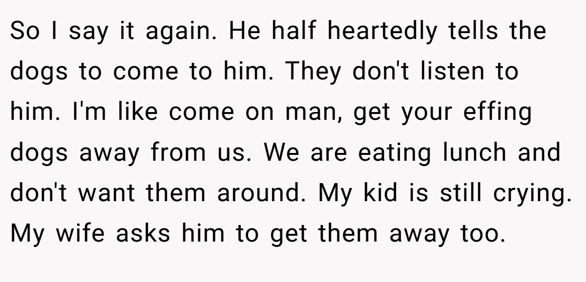 So I say it again. He half heartedly tells the dogs to come to him. They don't listen to him. I'm like come on man, get your effing dogs away from us. We are eating lunch and don't want them around. My kid is still crying. My wife asks him to get them away too.
