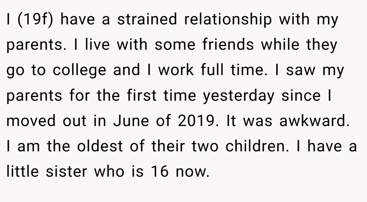 I (19f) have a strained relationship with my parents. I live with some friends while they go to college and I work full time. I saw my parents for the first time yesterday since I moved out in June of 2019. It was awkward. I am the oldest of their two children. I have a little sister who is 16 now.