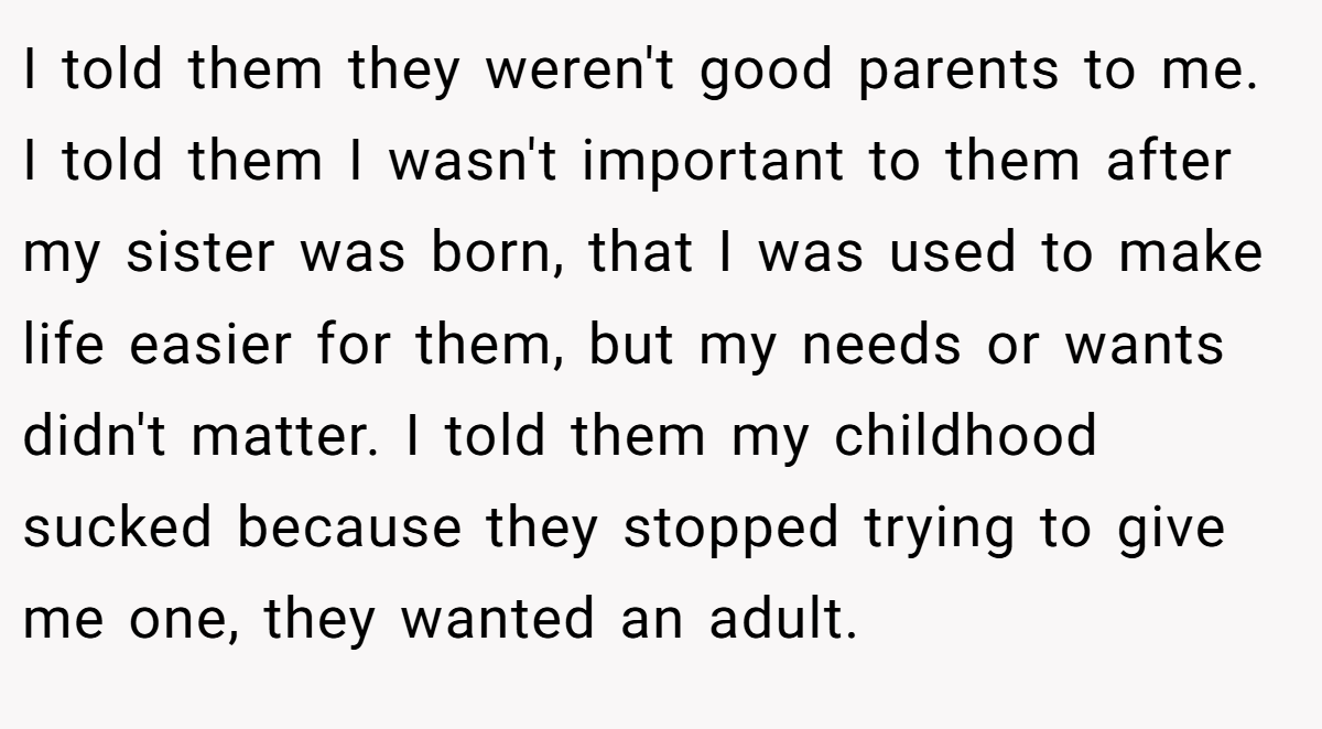 I told them they weren't good parents to me. I told them I wasn't important to them after my sister was born, that I was used to make life easier for them, but my needs or wants didn't matter. I told them my childhood sucked because they stopped trying to give me one, they wanted an adult.
