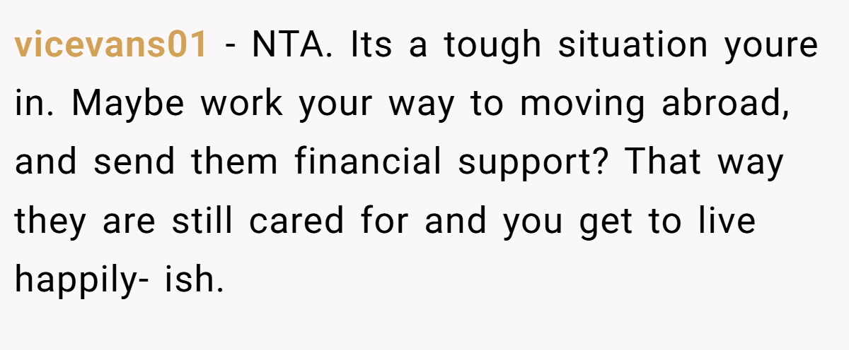 vicevans01 − NTA. Its a tough situation youre in. Maybe work your way to moving abroad, and send them financial support? That way they are still cared for and you get to live happily- ish.