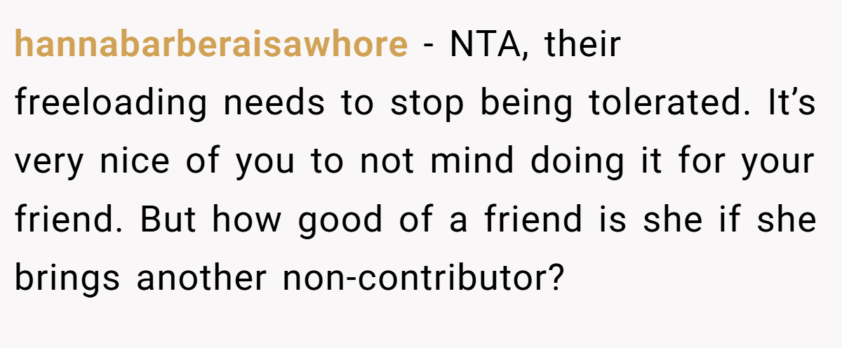 hannabarberaisawhore − NTA, their freeloading needs to stop being tolerated. It’s very nice of you to not mind doing it for your friend. But how good of a friend is she if she brings another non-contributor?