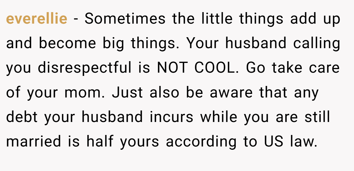 everellie - Sometimes the little things add up and become big things. Your husband calling you disrespectful is NOT COOL. Go take care of your mom. Just also be aware that any debt your husband incurs while you are still married is half yours according to US law.