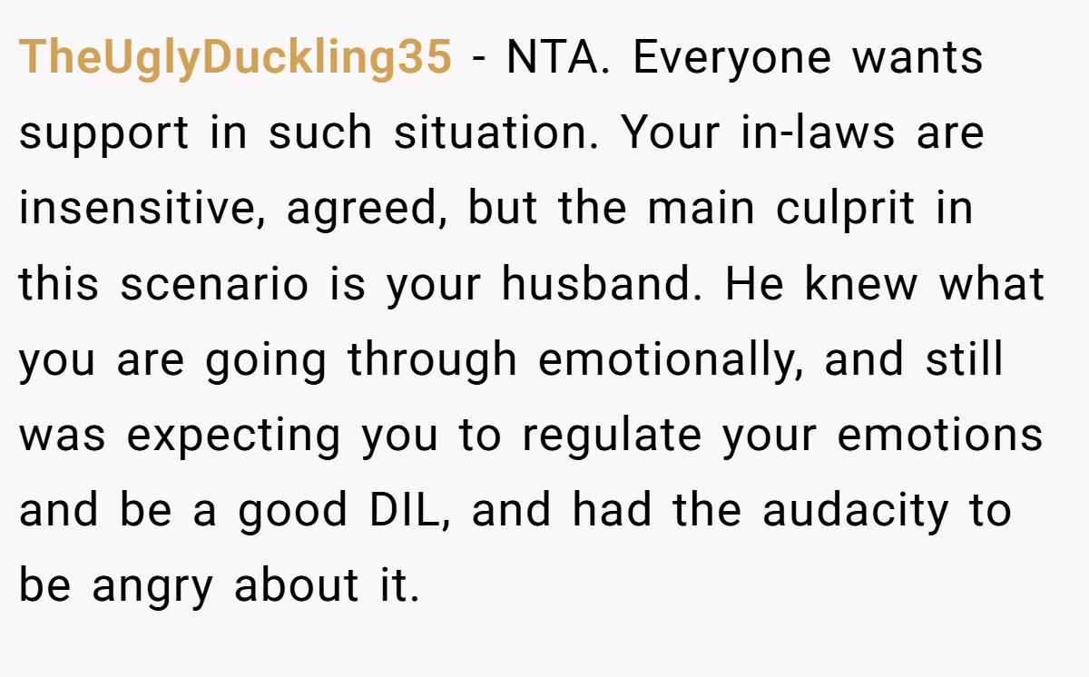 TheUglyDuckling35 - NTA. Everyone wants support in such situation. Your in-laws are insensitive, agreed, but the main culprit in this scenario is your husband. He knew what you are going through emotionally, and still was expecting you to regulate your emotions and be a good DIL, and had the audacity to be angry about it.