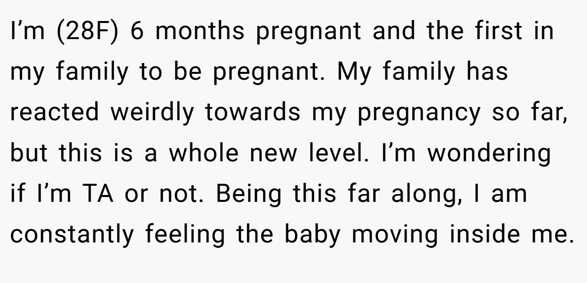 I’m (28F) 6 months pregnant and the first in my family to be pregnant. My family has reacted weirdly towards my pregnancy so far, but this is a whole new level. I’m wondering if I’m TA or not. Being this far along, I am constantly feeling the baby moving inside me.