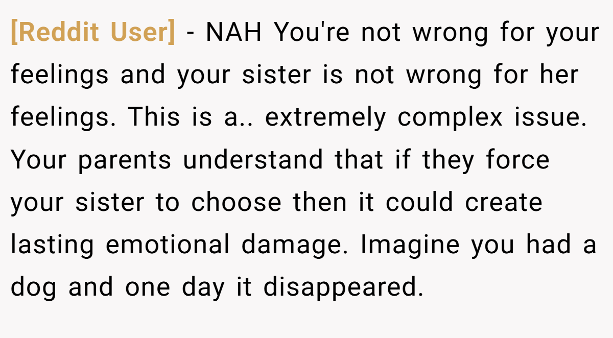[Reddit User] − NAH You're not wrong for your feelings and your sister is not wrong for her feelings. This is a.. extremely complex issue. Your parents understand that if they force your sister to choose then it could create lasting emotional damage. Imagine you had a dog and one day it disappeared.
