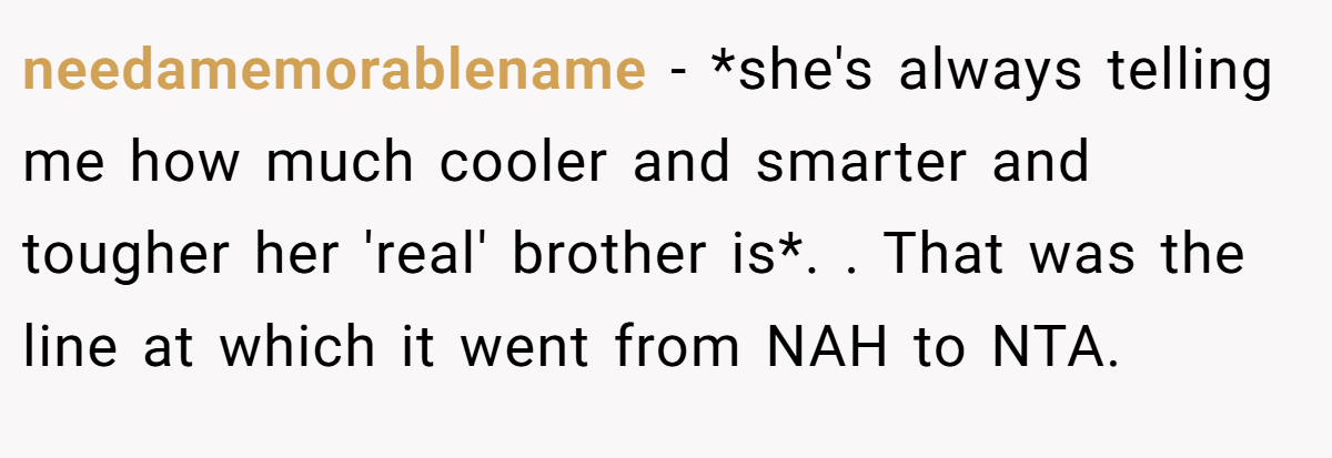 needamemorablename − *she's always telling me how much cooler and smarter and tougher her 'real' brother is*. ​. That was the line at which it went from NAH to NTA.