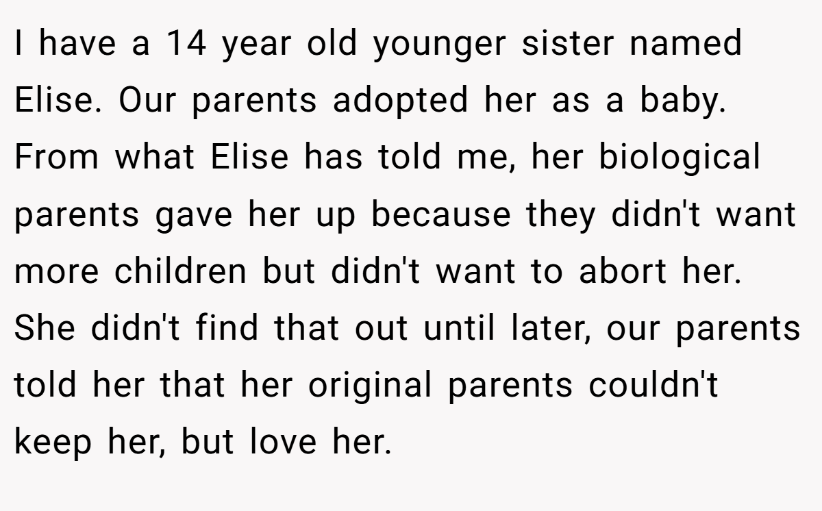 I have a 14 year old younger sister named Elise. Our parents adopted her as a baby. From what Elise has told me, her biological parents gave her up because they didn't want more children but didn't want to abort her. She didn't find that out until later, our parents told her that her original parents couldn't keep her, but love her.