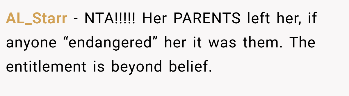 AL_Starr − NTA!!!!! Her PARENTS left her, if anyone “endangered” her it was them. The entitlement is beyond belief.