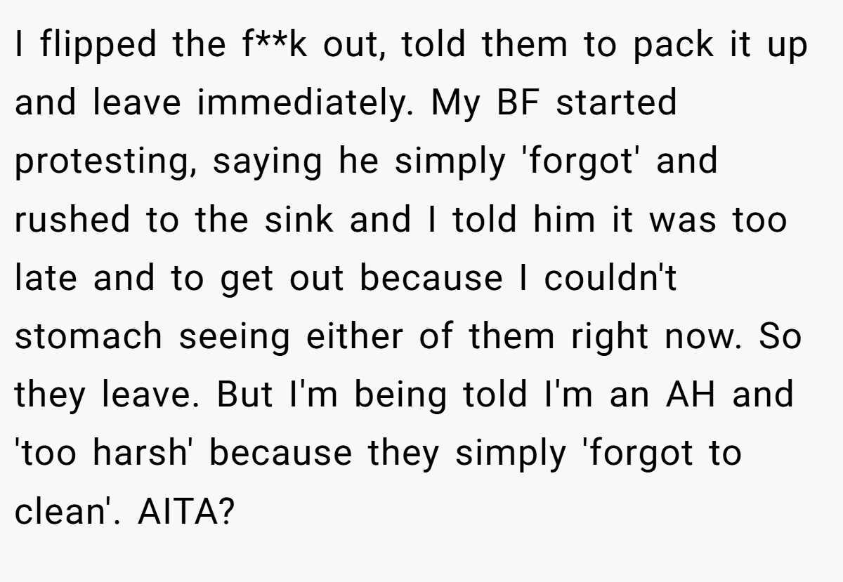 I flipped the f**k out, told them to pack it up and leave immediately. My BF started protesting, saying he simply 'forgot' and rushed to the sink and I told him it was too late and to get out because I couldn't stomach seeing either of them right now. So they leave. But I'm being told I'm an AH and 'too harsh' because they simply 'forgot to clean'. AITA?