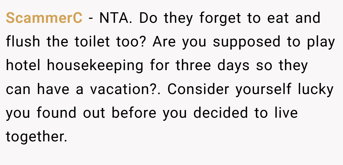 ScammerC - NTA. Do they forget to eat and flush the toilet too? Are you supposed to play hotel housekeeping for three days so they can have a vacation?. Consider yourself lucky you found out before you decided to live together.