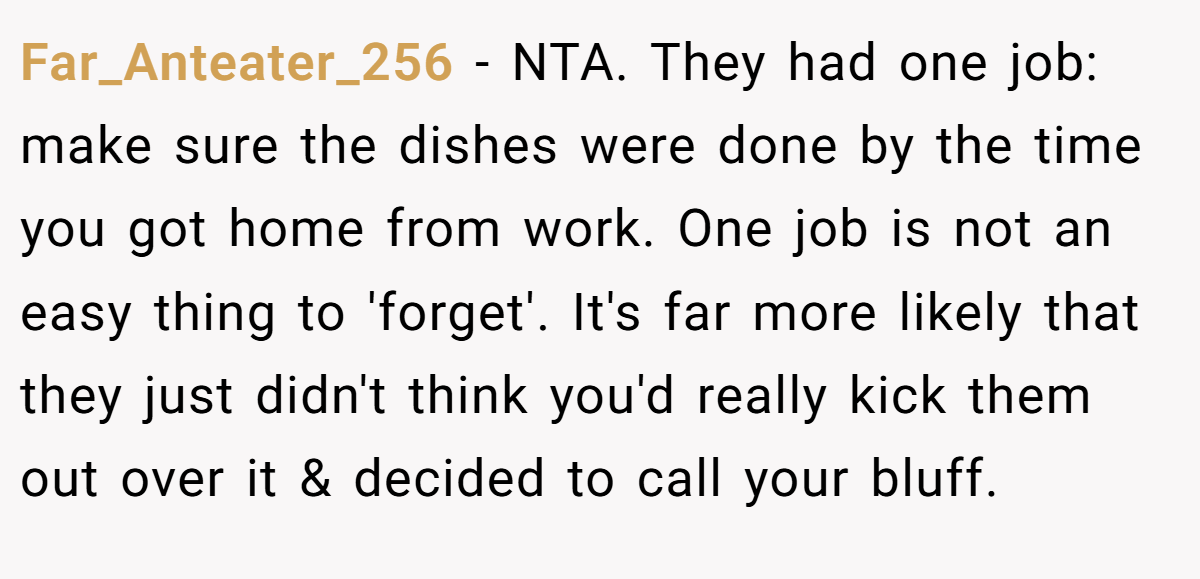 Far_Anteater_256 - NTA. They had one job: make sure the dishes were done by the time you got home from work. One job is not an easy thing to 'forget'. It's far more likely that they just didn't think you'd really kick them out over it & decided to call your bluff.
