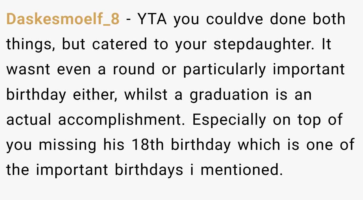 Daskesmoelf_8 − YTA you couldve done both things, but catered to your stepdaughter. It wasnt even a round or particularly important birthday either, whilst a graduation is an actual accomplishment. Especially on top of you missing his 18th birthday which is one of the important birthdays i mentioned.