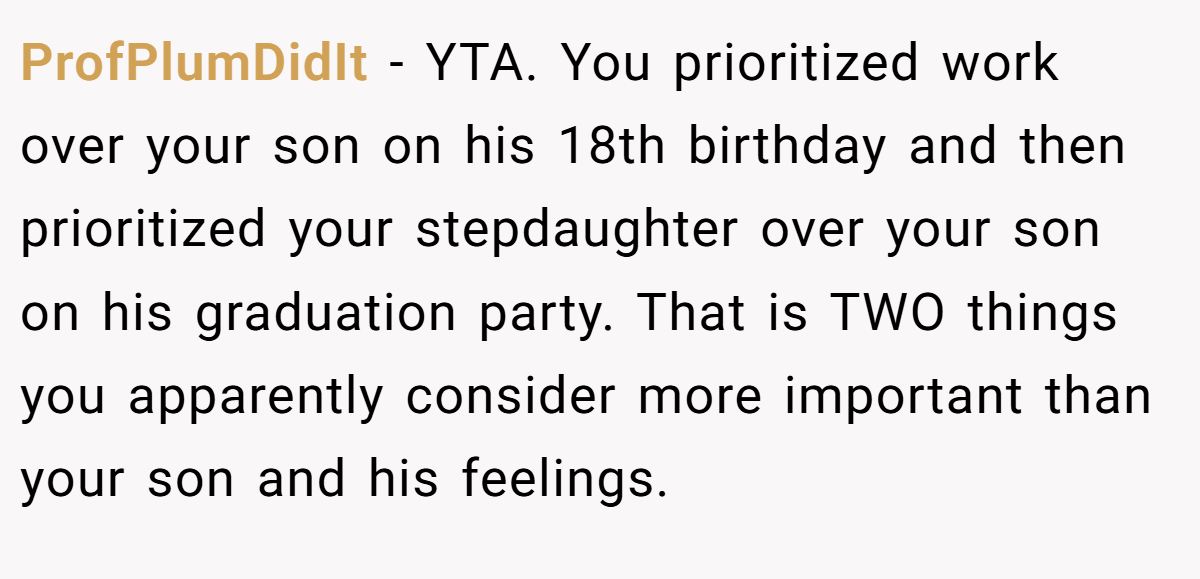 ProfPlumDidIt − YTA. You prioritized work over your son on his 18th birthday and then prioritized your stepdaughter over your son on his graduation party. That is TWO things you apparently consider more important than your son and his feelings.