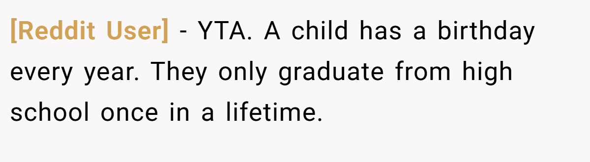 [Reddit User] − YTA. A child has a birthday every year. They only graduate from high school once in a lifetime.