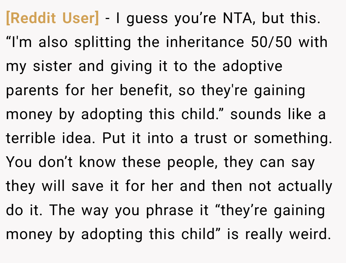 [Reddit User] − I guess you’re NTA, but this. “I'm also splitting the inheritance 50/50 with my sister and giving it to the adoptive parents for her benefit, so they're gaining money by adopting this child.” sounds like a terrible idea. Put it into a trust or something. You don’t know these people, they can say they will save it for her and then not actually do it. The way you phrase it “they’re gaining money by adopting this child” is really weird.