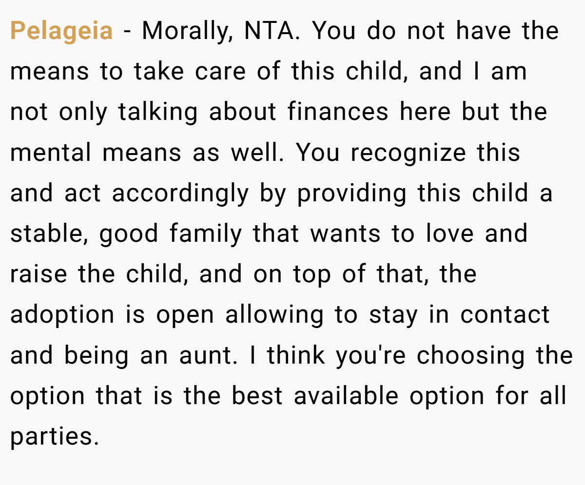 Pelageia − Morally, NTA. You do not have the means to take care of this child, and I am not only talking about finances here but the mental means as well. You recognize this and act accordingly by providing this child a stable, good family that wants to love and raise the child, and on top of that, the adoption is open allowing to stay in contact and being an aunt. I think you're choosing the option that is the best available option for all parties.