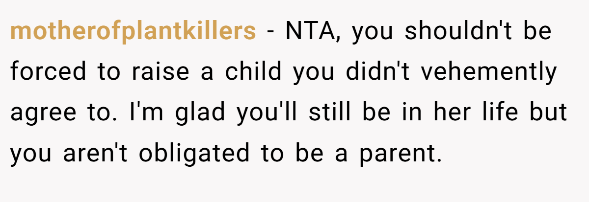 motherofplantkillers − NTA, you shouldn't be forced to raise a child you didn't vehemently agree to. I'm glad you'll still be in her life but you aren't obligated to be a parent.