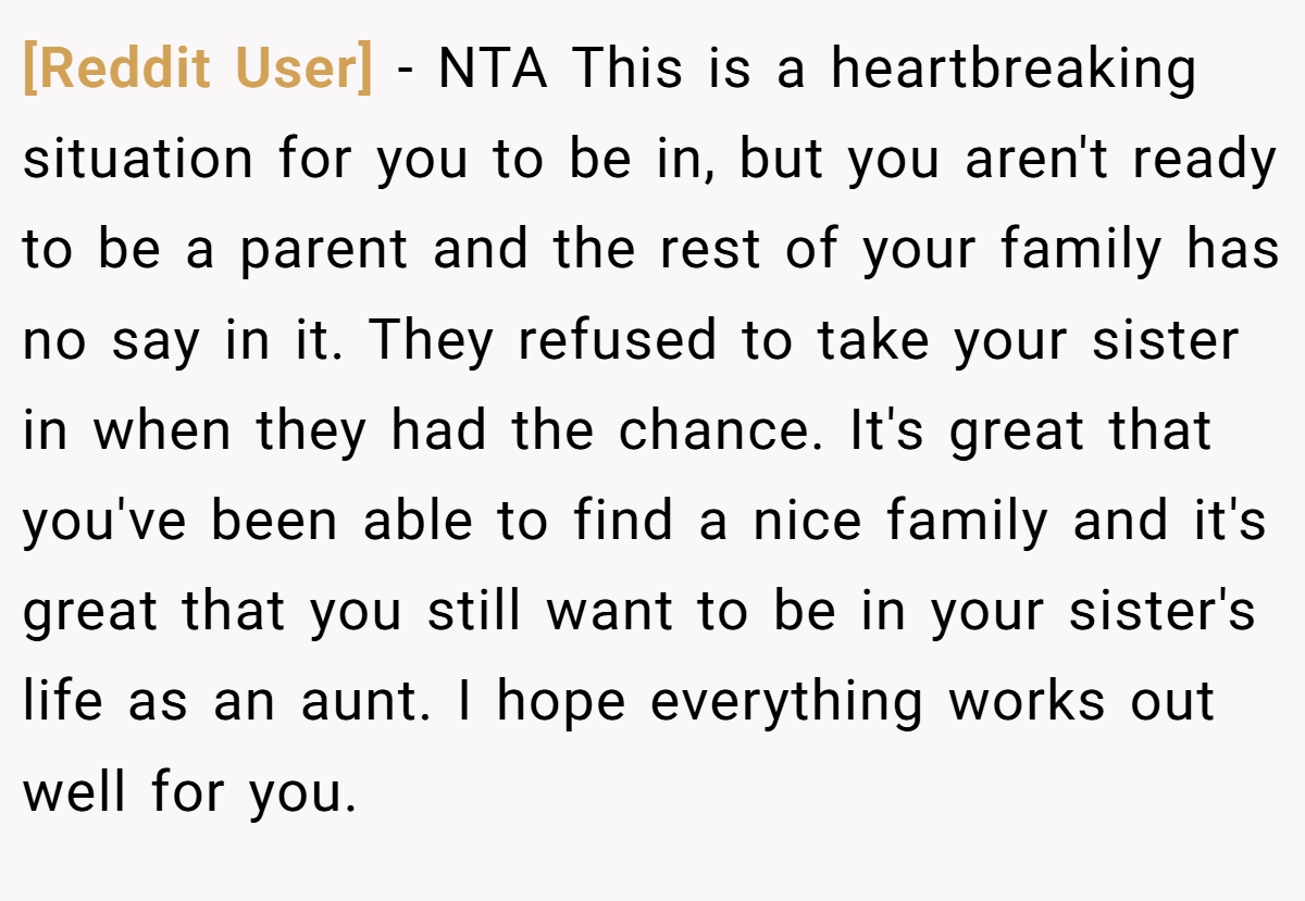 [Reddit User] − NTA This is a heartbreaking situation for you to be in, but you aren't ready to be a parent and the rest of your family has no say in it. They refused to take your sister in when they had the chance. It's great that you've been able to find a nice family and it's great that you still want to be in your sister's life as an aunt. I hope everything works out well for you.
