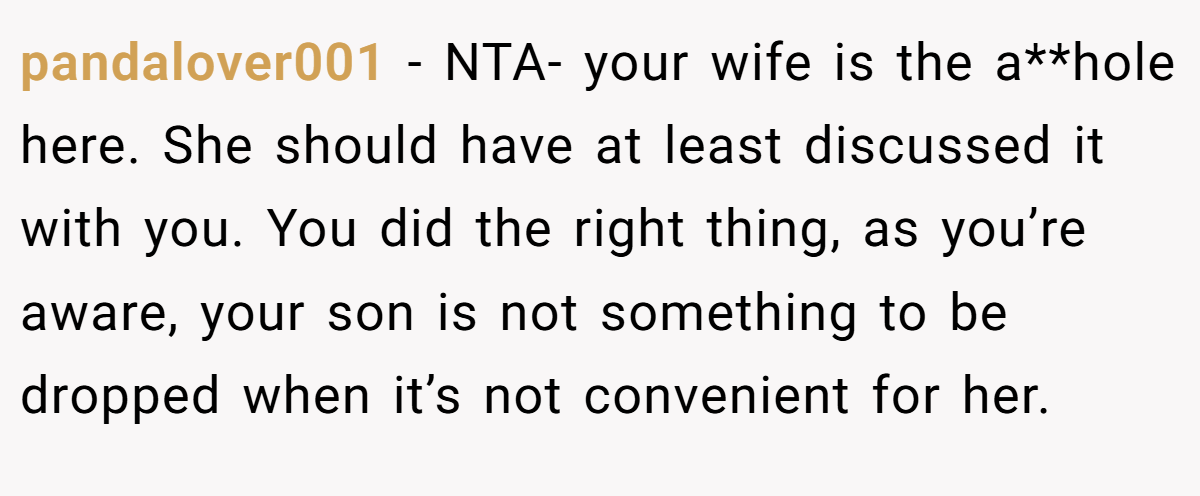 pandalover001 − NTA- your wife is the a**hole here. She should have at least discussed it with you. You did the right thing, as you’re aware, your son is not something to be dropped when it’s not convenient for her.