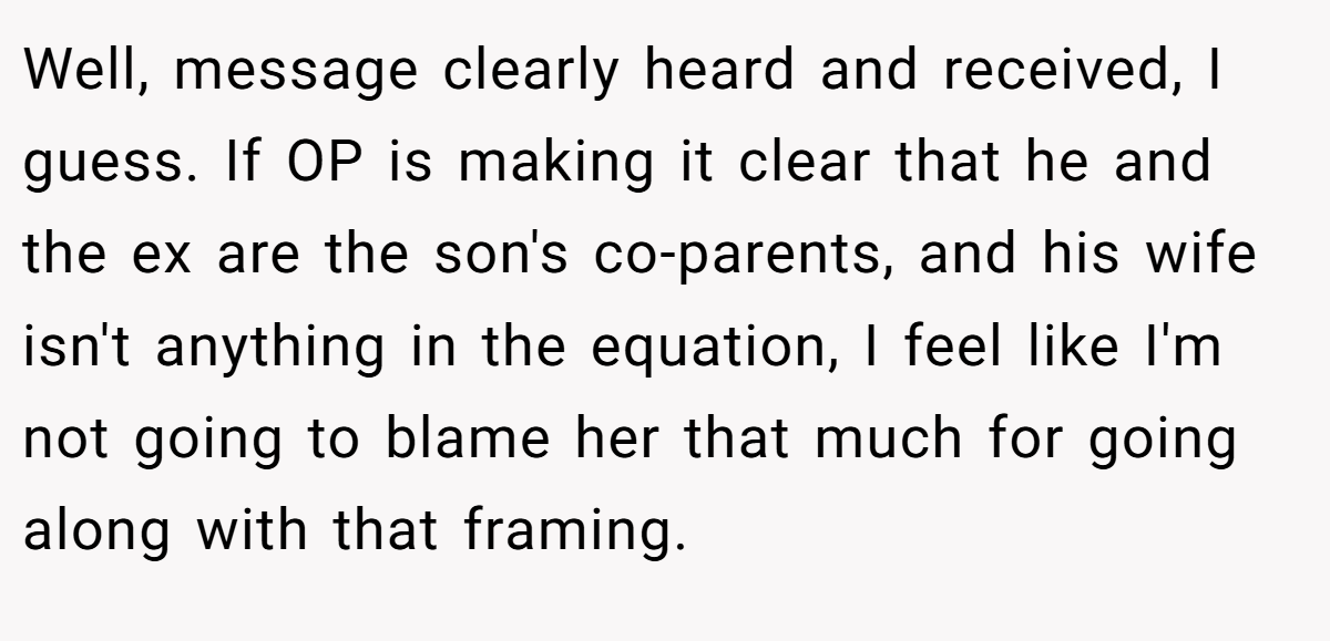 Well, message clearly heard and received, I guess. If OP is making it clear that he and the ex are the son's co-parents, and his wife isn't anything in the equation, I feel like I'm not going to blame her that much for going along with that framing.