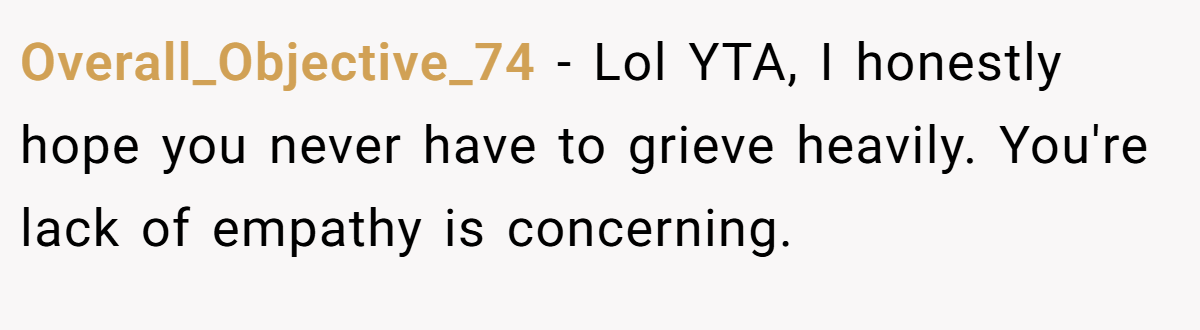 Overall_Objective_74 − Lol YTA, I honestly hope you never have to grieve heavily. You're lack of empathy is concerning.