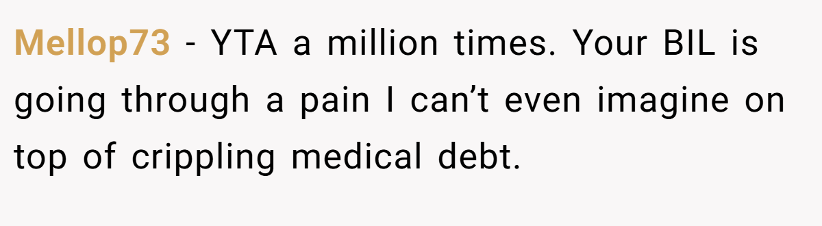 Mellop73 − YTA a million times. Your BIL is going through a pain I can’t even imagine on top of crippling medical debt.