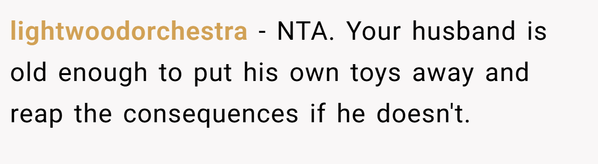 lightwoodorchestra − NTA. Your husband is old enough to put his own toys away and reap the consequences if he doesn't.