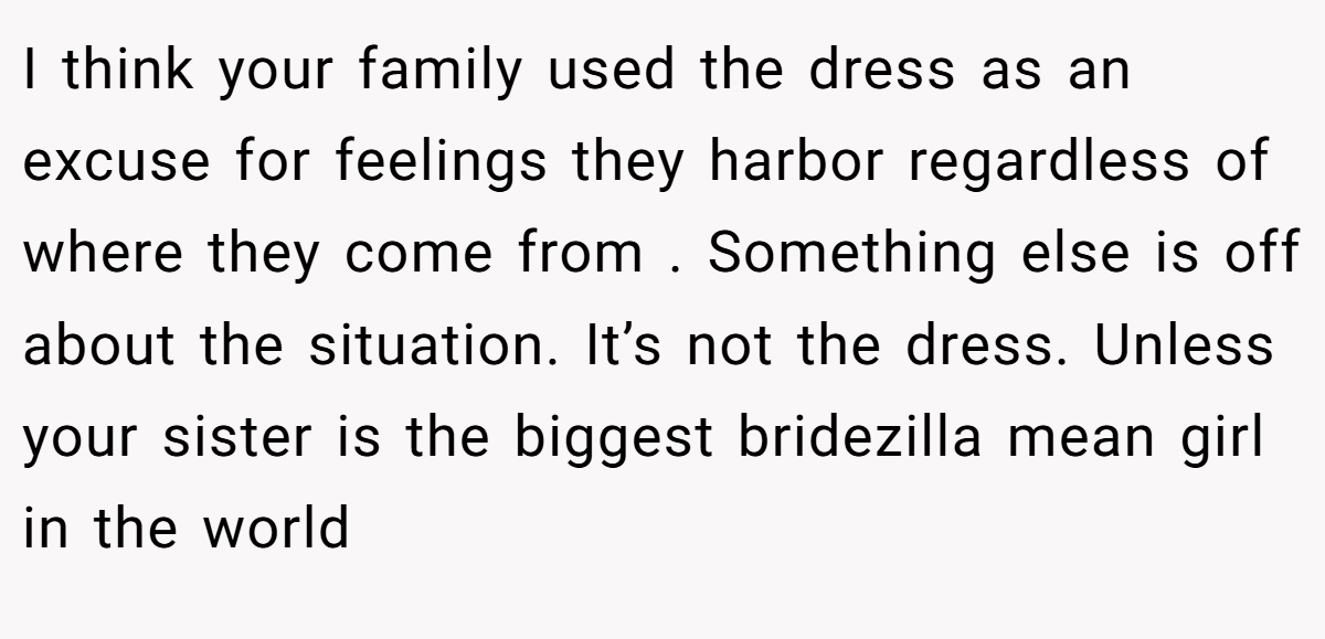 I think your family used the dress as an excuse for feelings they harbor regardless of where they come from . Something else is off about the situation. It’s not the dress. Unless your sister is the biggest bridezilla mean girl in the world