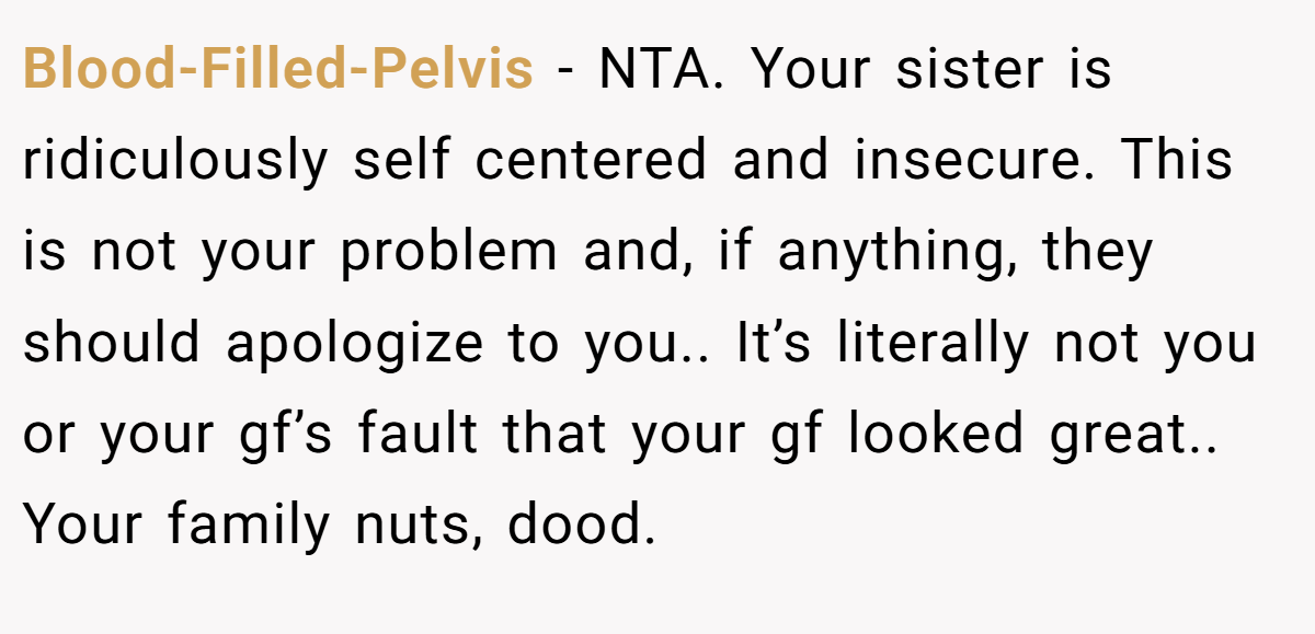 Blood-Filled-Pelvis - NTA. Your sister is ridiculously self centered and insecure. This is not your problem and, if anything, they should apologize to you.. It’s literally not you or your gf’s fault that your gf looked great.. Your family nuts, dood.