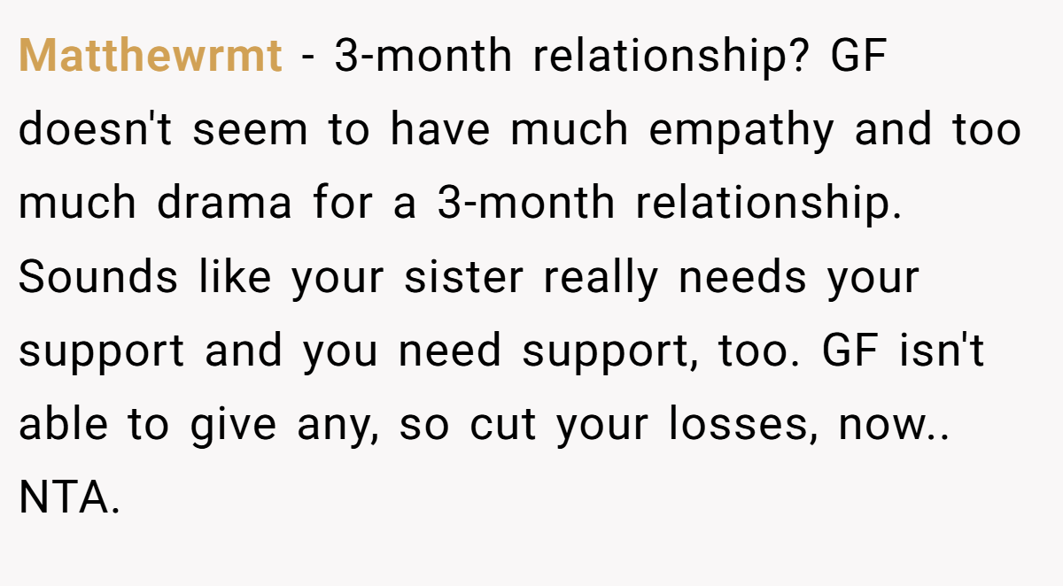 Matthewrmt − 3-month relationship? GF doesn't seem to have much empathy and too much drama for a 3-month relationship. Sounds like your sister really needs your support and you need support, too. GF isn't able to give any, so cut your losses, now.. NTA.