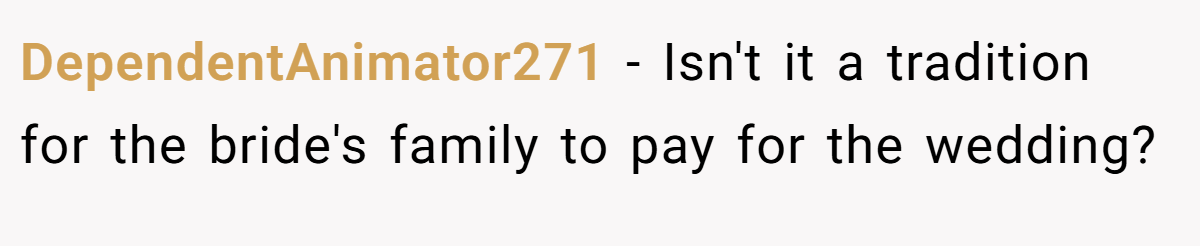 DependentAnimator271 − Isn't it a tradition for the bride's family to pay for the wedding?
