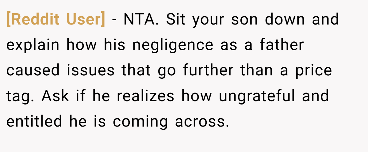 [Reddit User] − NTA. Sit your son down and explain how his negligence as a father caused issues that go further than a price tag. Ask if he realizes how ungrateful and entitled he is coming across.