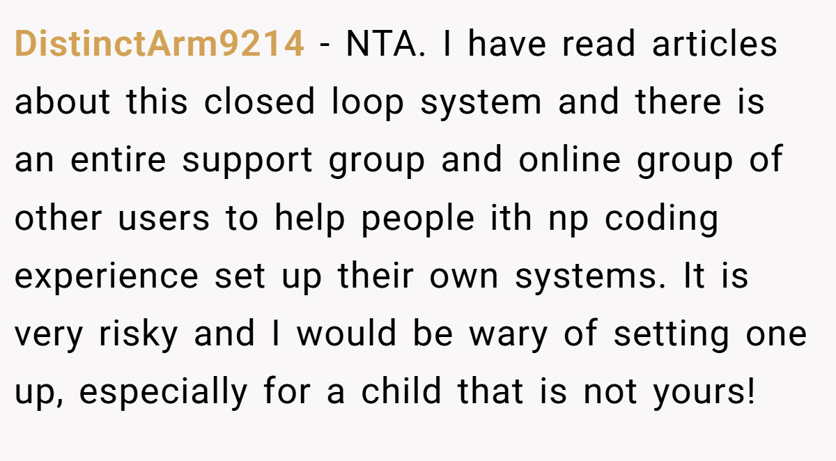 DistinctArm9214 - NTA. I have read articles about this closed loop system and there is an entire support group and online group of other users to help people ith np coding experience set up their own systems. It is very risky and I would be wary of setting one up, especially for a child that is not yours!