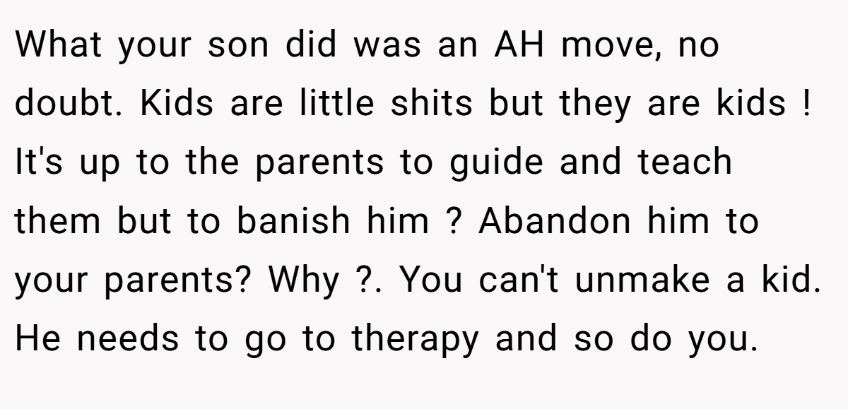 What your son did was an AH move, no doubt. Kids are little shits but they are kids ! It's up to the parents to guide and teach them but to banish him ? Abandon him to your parents? Why ?. You can't unmake a kid. He needs to go to therapy and so do you.
