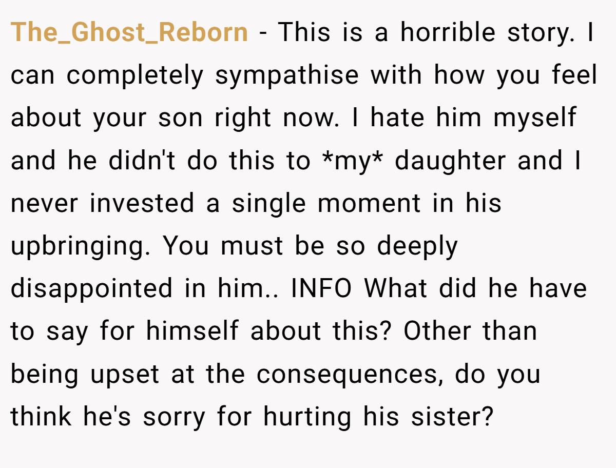 The_Ghost_Reborn − This is a horrible story. I can completely sympathise with how you feel about your son right now. I hate him myself and he didn't do this to *my* daughter and I never invested a single moment in his upbringing. You must be so deeply disappointed in him.. INFO What did he have to say for himself about this? Other than being upset at the consequences, do you think he's sorry for hurting his sister?