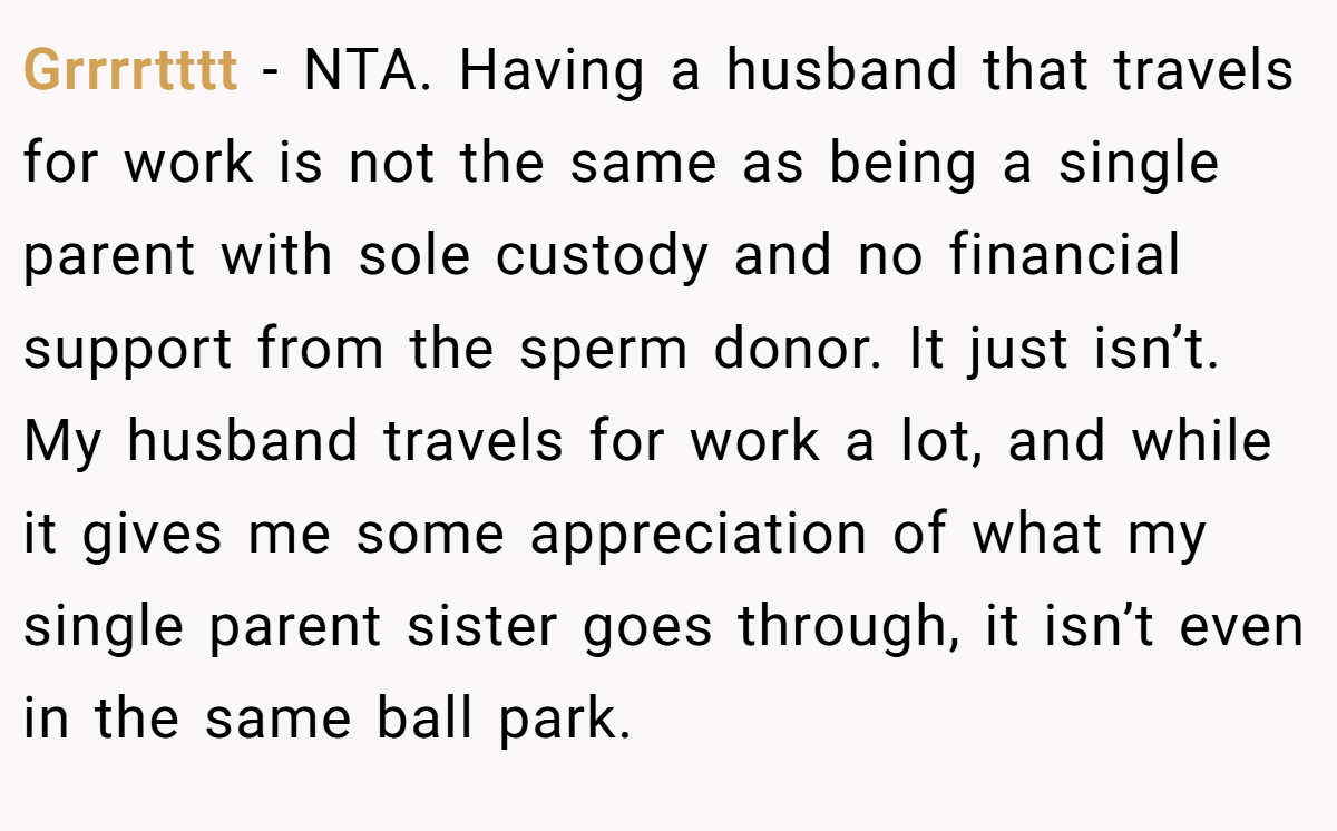 Grrrrtttt - NTA. Having a husband that travels for work is not the same as being a single parent with sole custody and no financial support from the sperm donor. It just isn’t. My husband travels for work a lot, and while it gives me some appreciation of what my single parent sister goes through, it isn’t even in the same ball park.