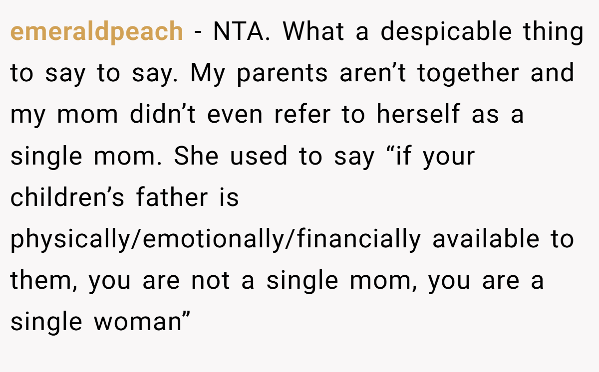 emeraldpeach - NTA. What a despicable thing to say to say. My parents aren’t together and my mom didn’t even refer to herself as a single mom. She used to say “if your children’s father is physically/emotionally/financially available to them, you are not a single mom, you are a single woman”