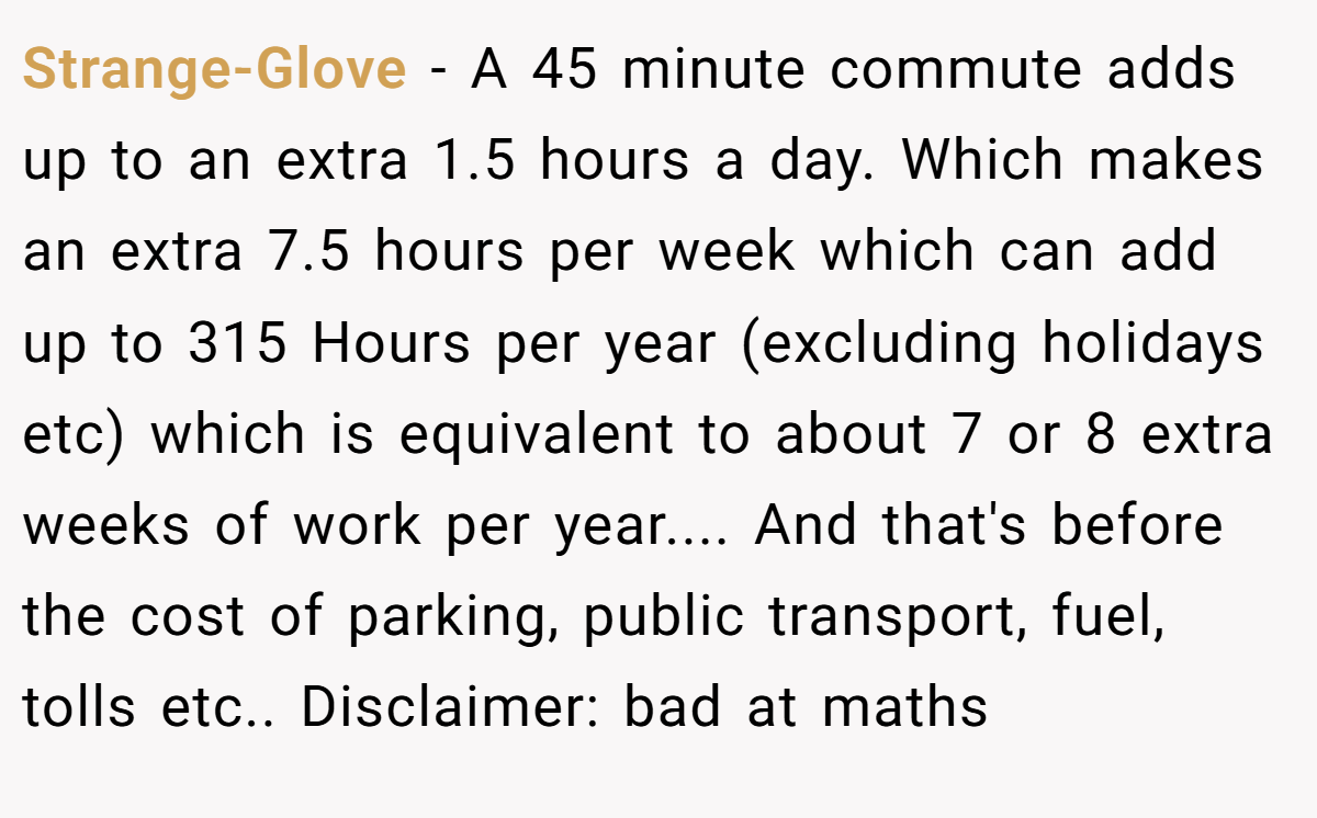 Strange-Glove − A 45 minute commute adds up to an extra 1.5 hours a day. Which makes an extra 7.5 hours per week which can add up to 315 Hours per year (excluding holidays etc) which is equivalent to about 7 or 8 extra weeks of work per year.... And that's before the cost of parking, public transport, fuel, tolls etc.. Disclaimer: bad at maths