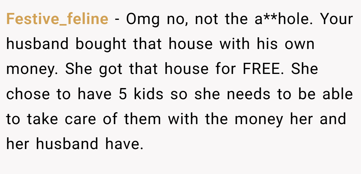 Festive_feline − Omg no, not the a**hole. Your husband bought that house with his own money. She got that house for FREE. She chose to have 5 kids so she needs to be able to take care of them with the money her and her husband have.