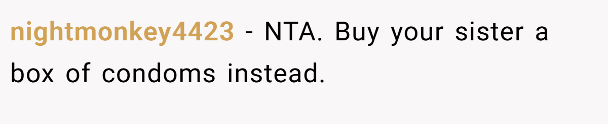 nightmonkey4423 − NTA. Buy your sister a box of condoms instead.