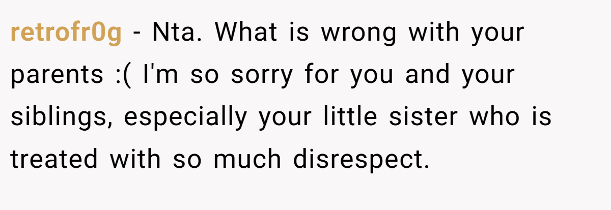 retrofr0g − Nta. What is wrong with your parents :( I'm so sorry for you and your siblings, especially your little sister who is treated with so much disrespect.