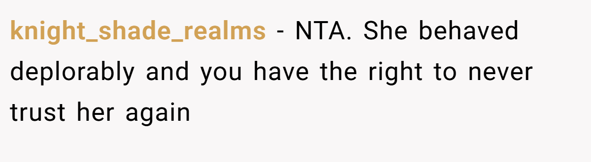 knight_shade_realms − NTA. She behaved deplorably and you have the right to never trust her again