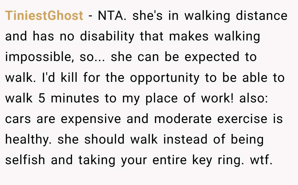 TiniestGhost - NTA. she's in walking distance and has no disability that makes walking impossible, so... she can be expected to walk. I'd kill for the opportunity to be able to walk 5 minutes to my place of work! also: cars are expensive and moderate exercise is healthy. she should walk instead of being selfish and taking your entire key ring. wtf.
