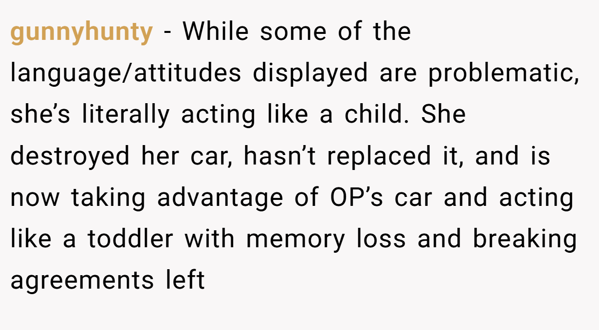 gunnyhunty - While some of the language/attitudes displayed are problematic, she’s literally acting like a child. She destroyed her car, hasn’t replaced it, and is now taking advantage of OP’s car and acting like a toddler with memory loss and breaking agreements left