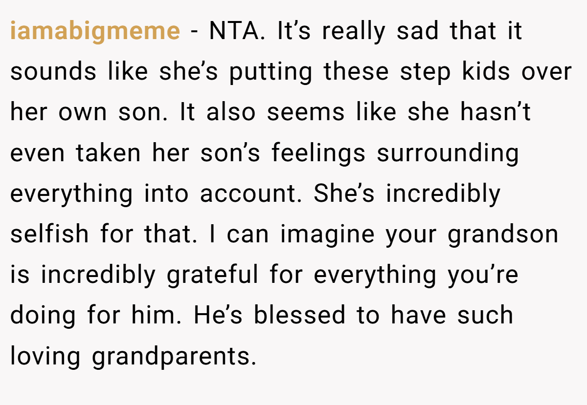 iamabigmeme − NTA. It’s really sad that it sounds like she’s putting these step kids over her own son. It also seems like she hasn’t even taken her son’s feelings surrounding everything into account. She’s incredibly selfish for that. I can imagine your grandson is incredibly grateful for everything you’re doing for him. He’s blessed to have such loving grandparents.