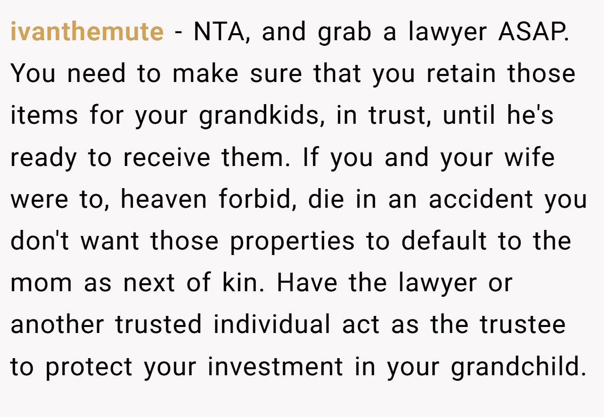 ivanthemute − NTA, and grab a lawyer ASAP. You need to make sure that you retain those items for your grandkids, in trust, until he's ready to receive them. If you and your wife were to, heaven forbid, die in an accident you don't want those properties to default to the mom as next of kin. Have the lawyer or another trusted individual act as the trustee to protect your investment in your grandchild.