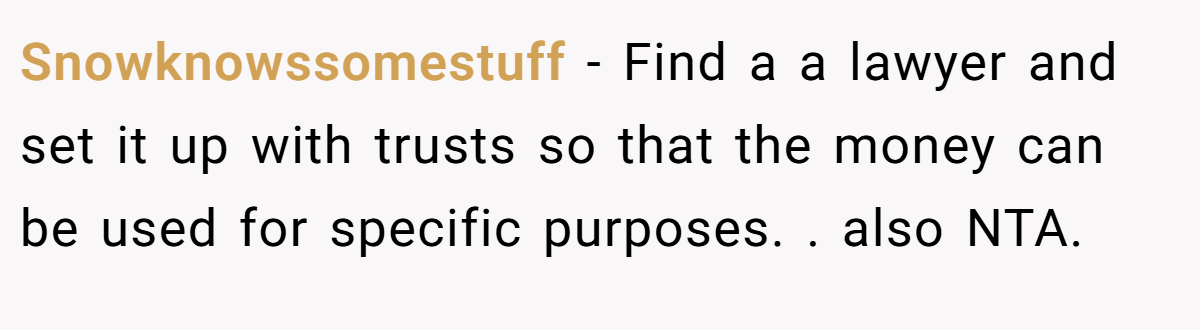 Snowknowssomestuff − Find a a lawyer and set it up with trusts so that the money can be used for specific purposes. ​. also NTA.