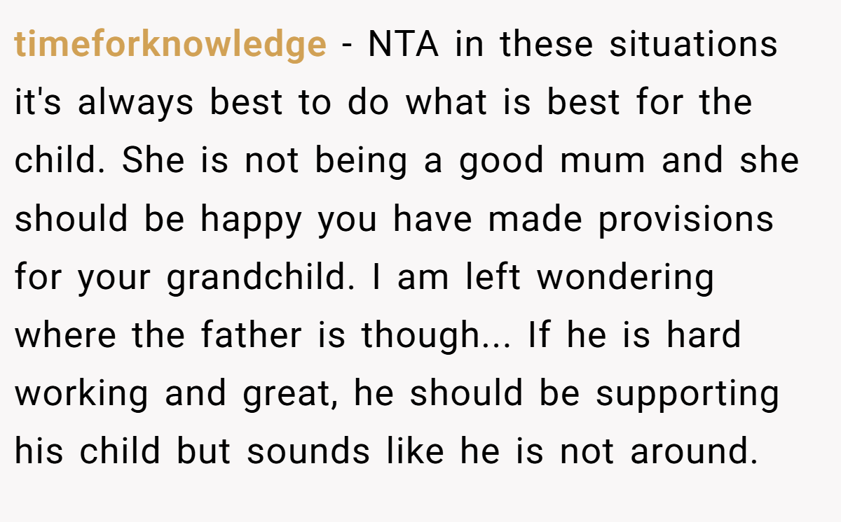 timeforknowledge − NTA in these situations it's always best to do what is best for the child. She is not being a good mum and she should be happy you have made provisions for your grandchild. I am left wondering where the father is though... If he is hard working and great, he should be supporting his child but sounds like he is not around.