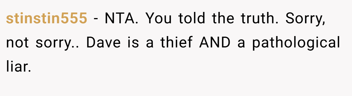 stinstin555 - NTA. You told the truth. Sorry, not sorry.. Dave is a thief AND a pathological liar.